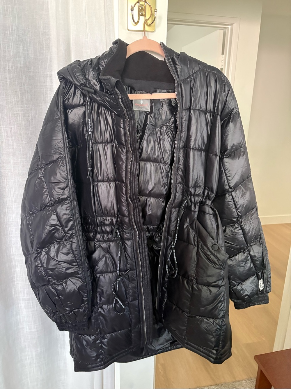 Free People Women's Black Quilted Hooded Puffer Coat